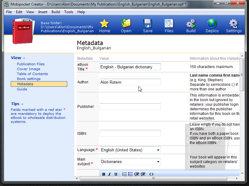 Metadata(1/2): Fill a title, author, language and main subject